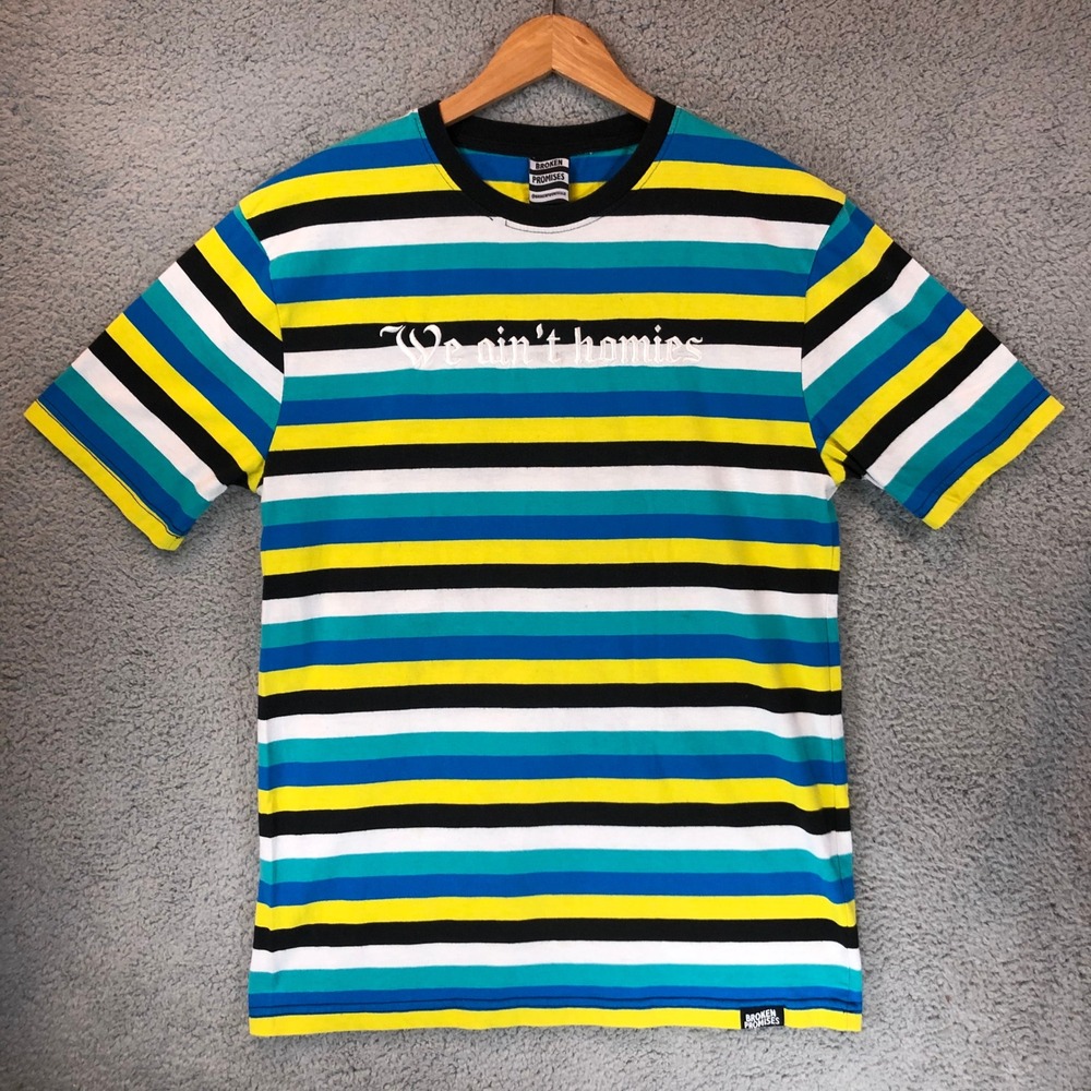 Broken Promises We Aint Homies Striped T-Shirt Mens Large Yellow Blue Teal L